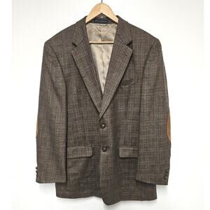 VTG Glen Check Plaid Lambswool Blazer Mens 42L Academia Elbow Patch Professor